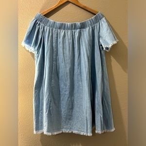 Soft denim off shoulders babydoll dress, fringed sleeves, fringed bottom. Size M